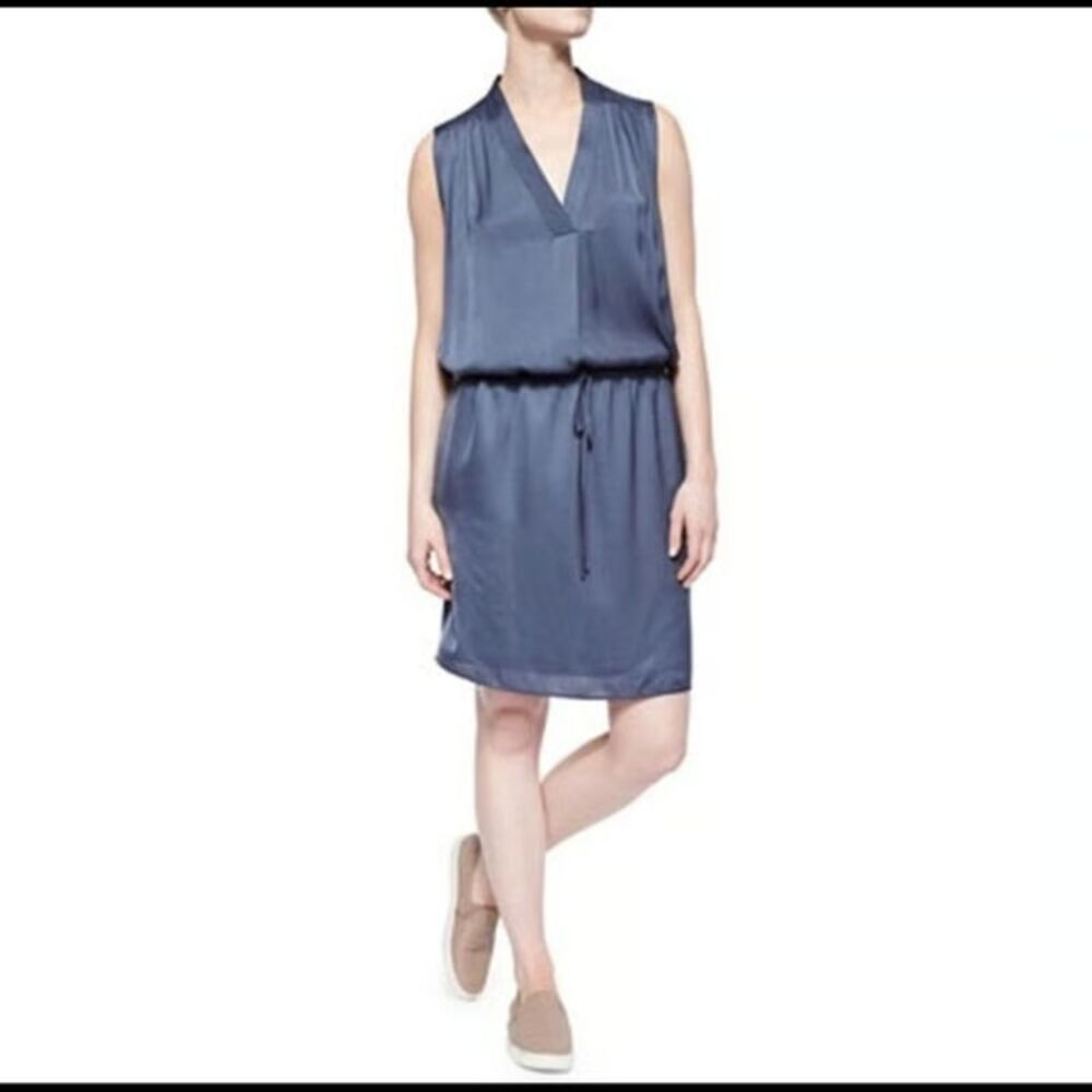Vince Satin Sleeveless Drawstring Mini Dress Womens XS Blue V-Neck Pocket Casual